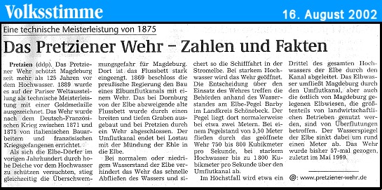 Volksstimmeartikel vom 16. August 2002 als Bild - Titel: Das Pretziener Wehr - Zahlen und Fakten