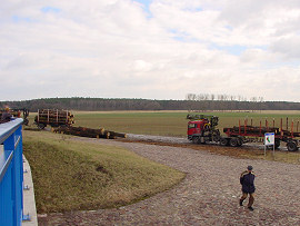 Alte Fähre - Baumstämme werden in Sicherheit gebracht