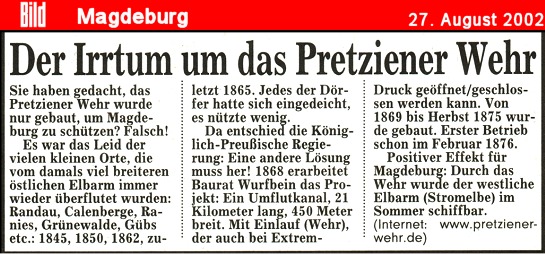 Artikel aud der Bildzeitung Magdeburg vom 27. August 2002 als Bild -  Titel: Der Irrtum um das Pretziener Wehr 